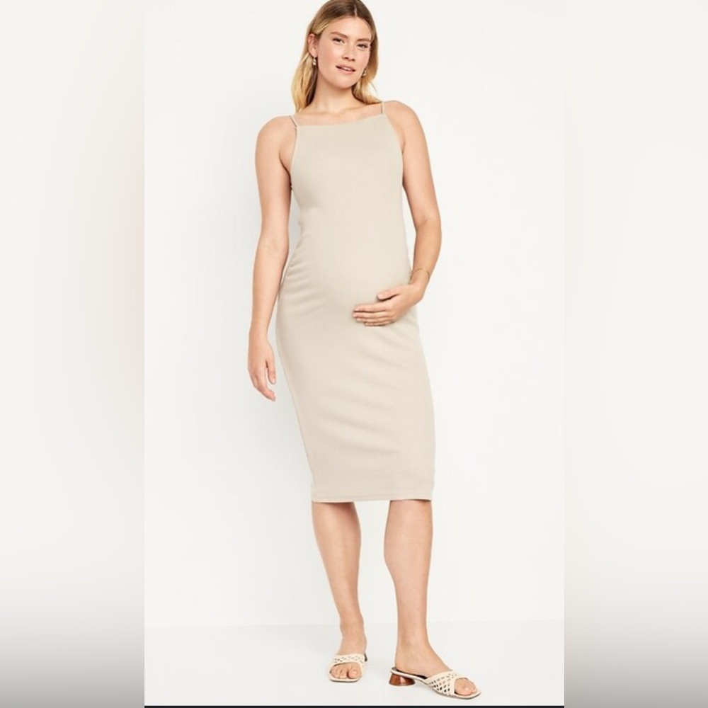 Old Navy Maternity High Neck Rib-Knit Midi Dress Size Large Tan